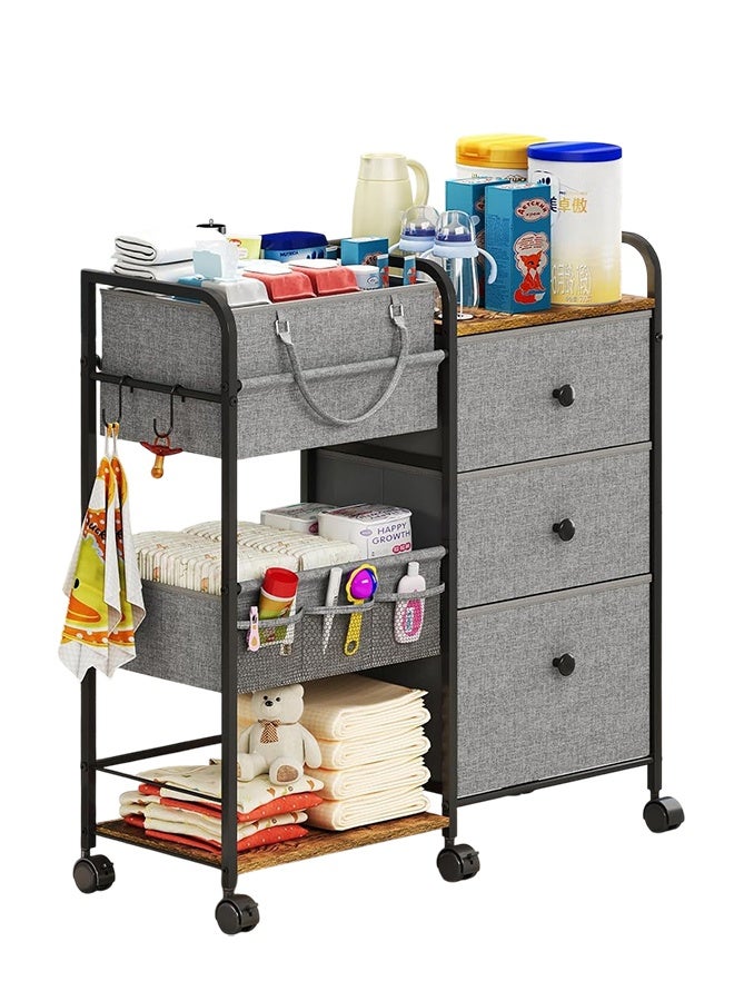 WALALLA 2-in-1 Baby Diaper Caddy & Nursery Organizer, 3-Tier Rolling Cart with Dividers, Drawers & Wheels, Large Capacity Mobile Storage for Baby Essentials, Easy Assembly, Gray - Image 1